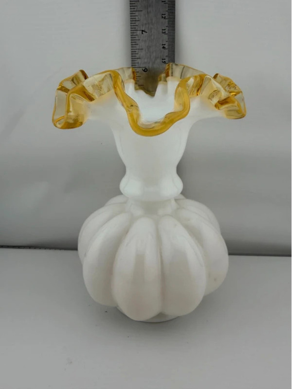 Vintage Fenton Gold Crest Milk Glass Double Ruffle Melon Vase